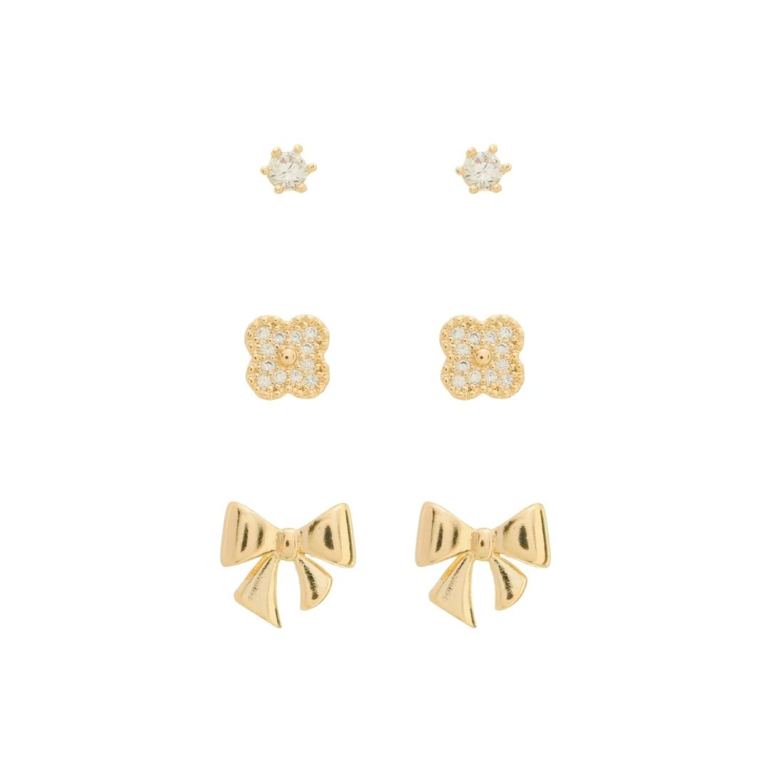 TRIO DE BRINCOS JUDE LACINHO PONTO DE LUZ ZIRCÔNIAS FOLHEADO A OURO 18K Dourado 1