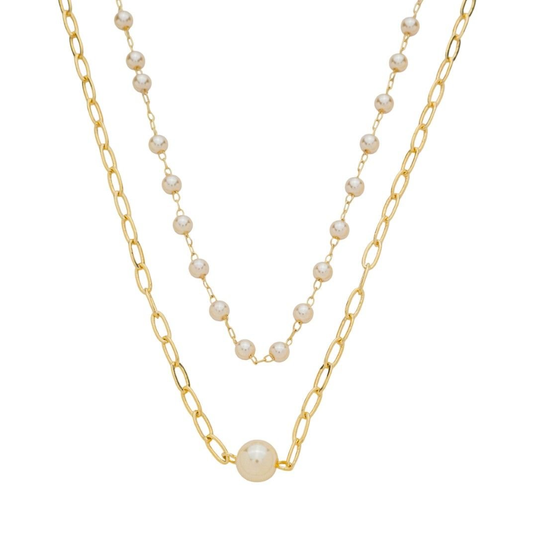 CHOKER DUAS VOLTAS MELINDA ELOS PÉROLAS FOLHEADA A OURO 18K