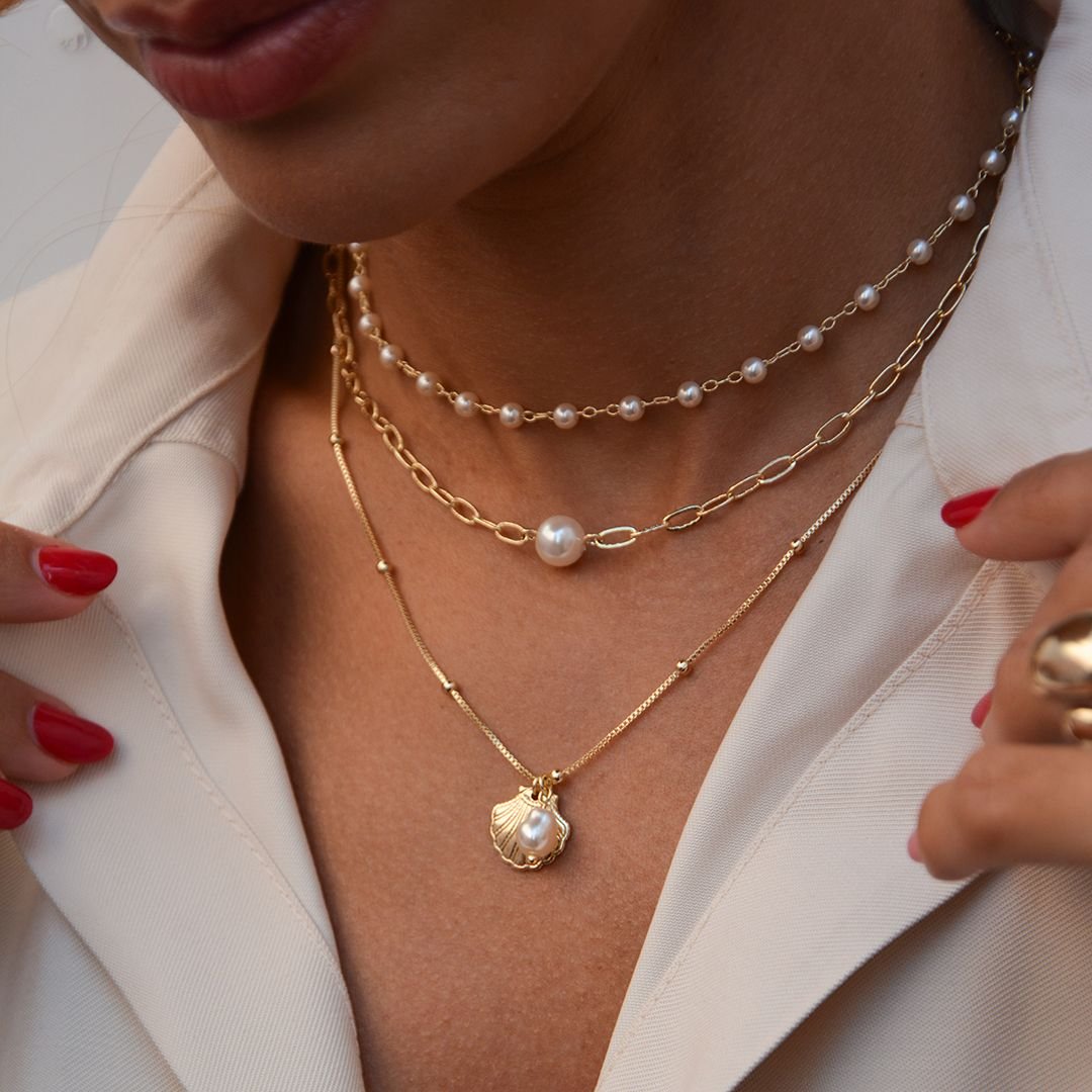 CHOKER DUAS VOLTAS MELINDA ELOS PÉROLAS FOLHEADA A OURO 18K Dourado 2