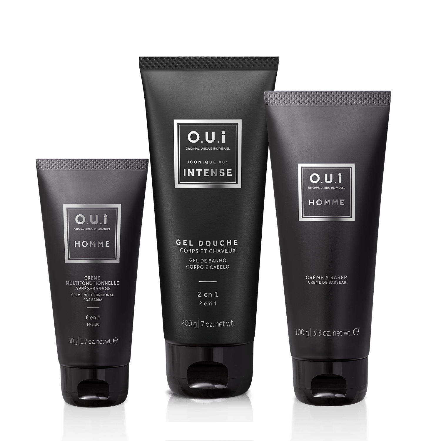 Combo Gel de Banho Iconique 001 Intense 200g + Creme de Barbear Homme 100g + Creme Multifuncional Pós-Barba Homme 50g ÚNICO 1