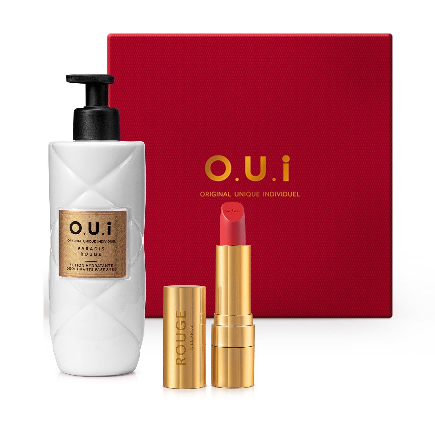 Combo Rouge: Loção Hidratante Paradis Rouge 400ml + Batom Vermelho 3,5g + Caixa Presenteável M ÚNICO 1