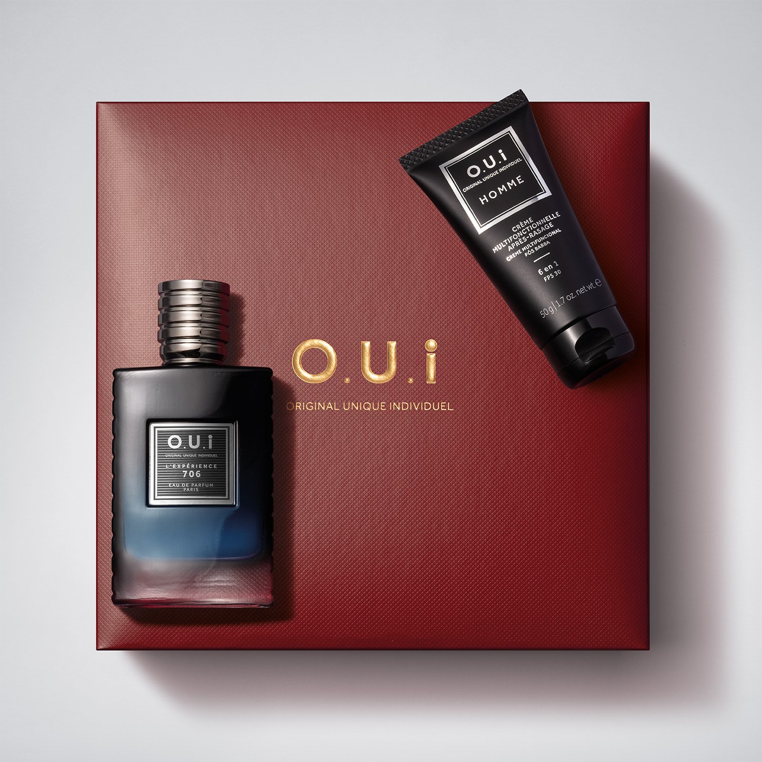 Combo O.U.I L’Expérience 706 Eau De Parfum 75ml + Creme Pós-Barba 50g + Caixa ÚNICO 2