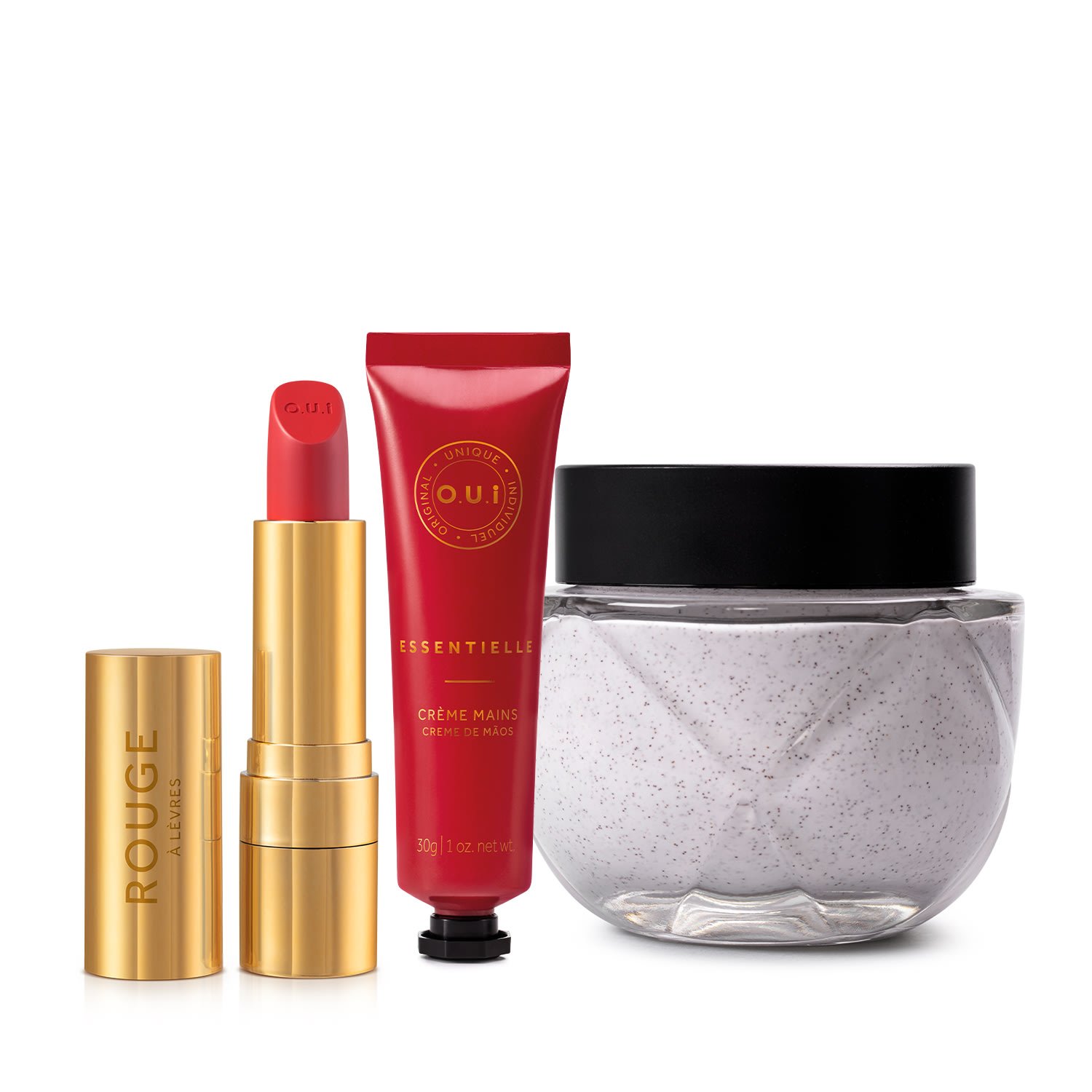 Combo O.U.I Rouge Luxe: Creme Esfoliante 200g + Creme Mãos 30g + Batom Vermelho 3,5g ÚNICO 1