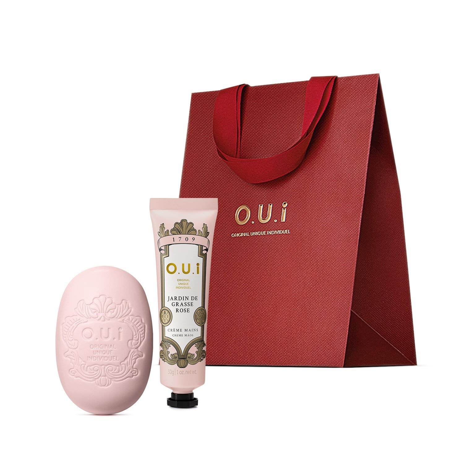 Combo O.U.i Jardin de Grasse Rosé: Creme Mãos 30g + Sabonete Parfumé 90g + Sacola Grande