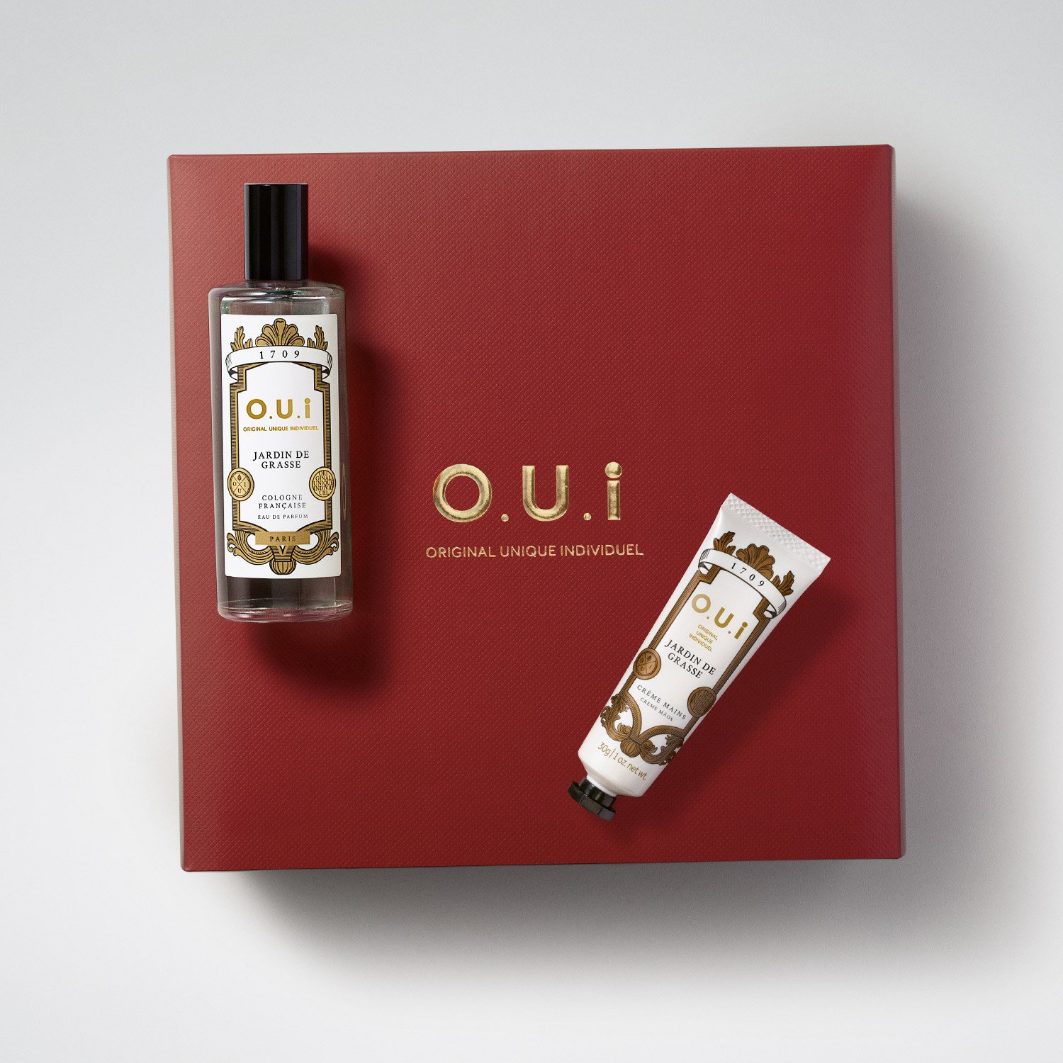 Combo O.U.I Jardin De Grasse Eau de Parfum 100ml + Creme de Mãos 30g + Caixa ÚNICO 3