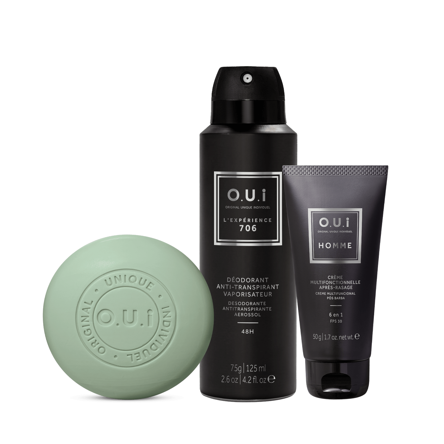 Combo O.U.i Masculino: Sabonete de Barbear Homme 90g + Desodorante Antitranspirante Aero L’Expérience 706 75g + Creme Multifuncional Pós-Barba 6 em 1 Homme 50g ÚNICO 1