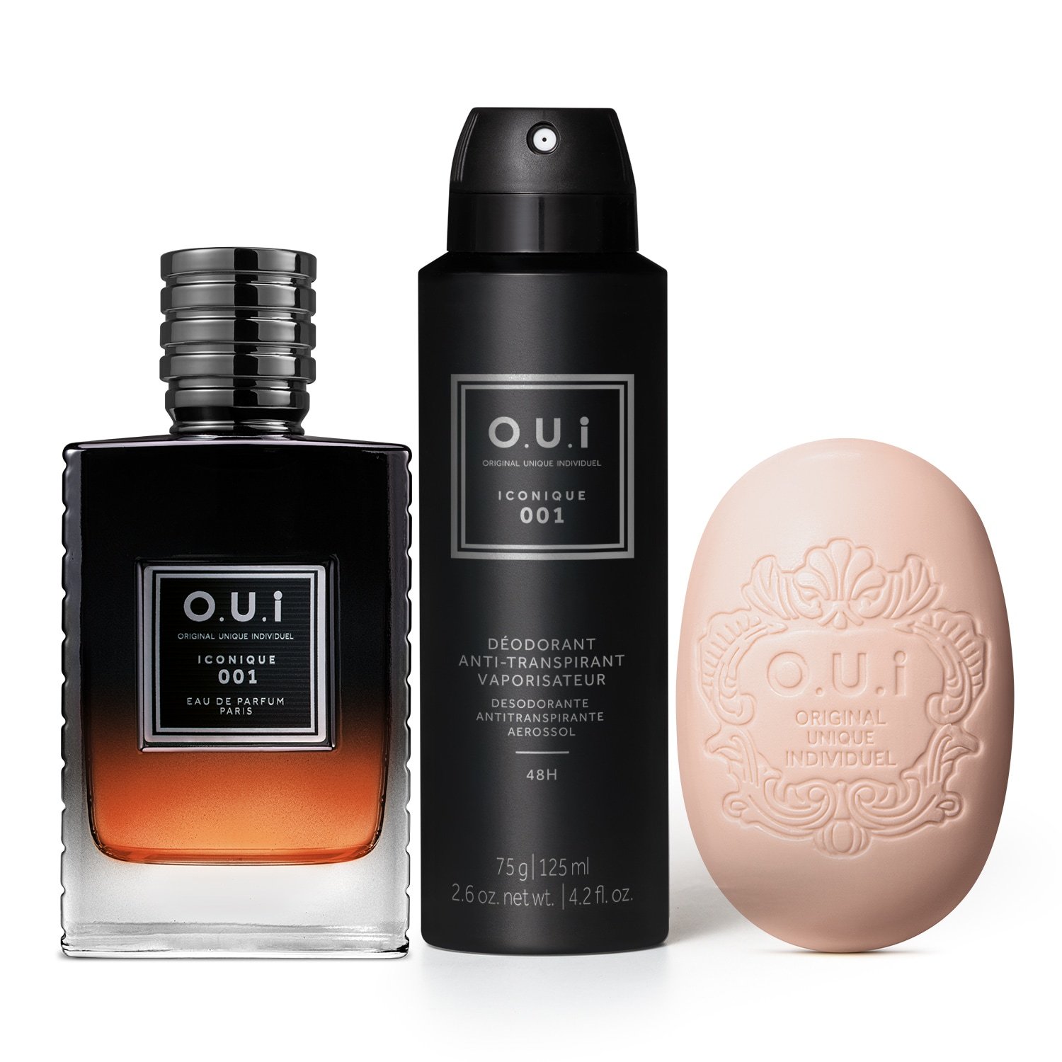Combo O.U.i Iconique 001: Eau de Parfum 75ml + Sabonete em Barra 90g + Desodorante Antitranspirante Iconique 001 75g +