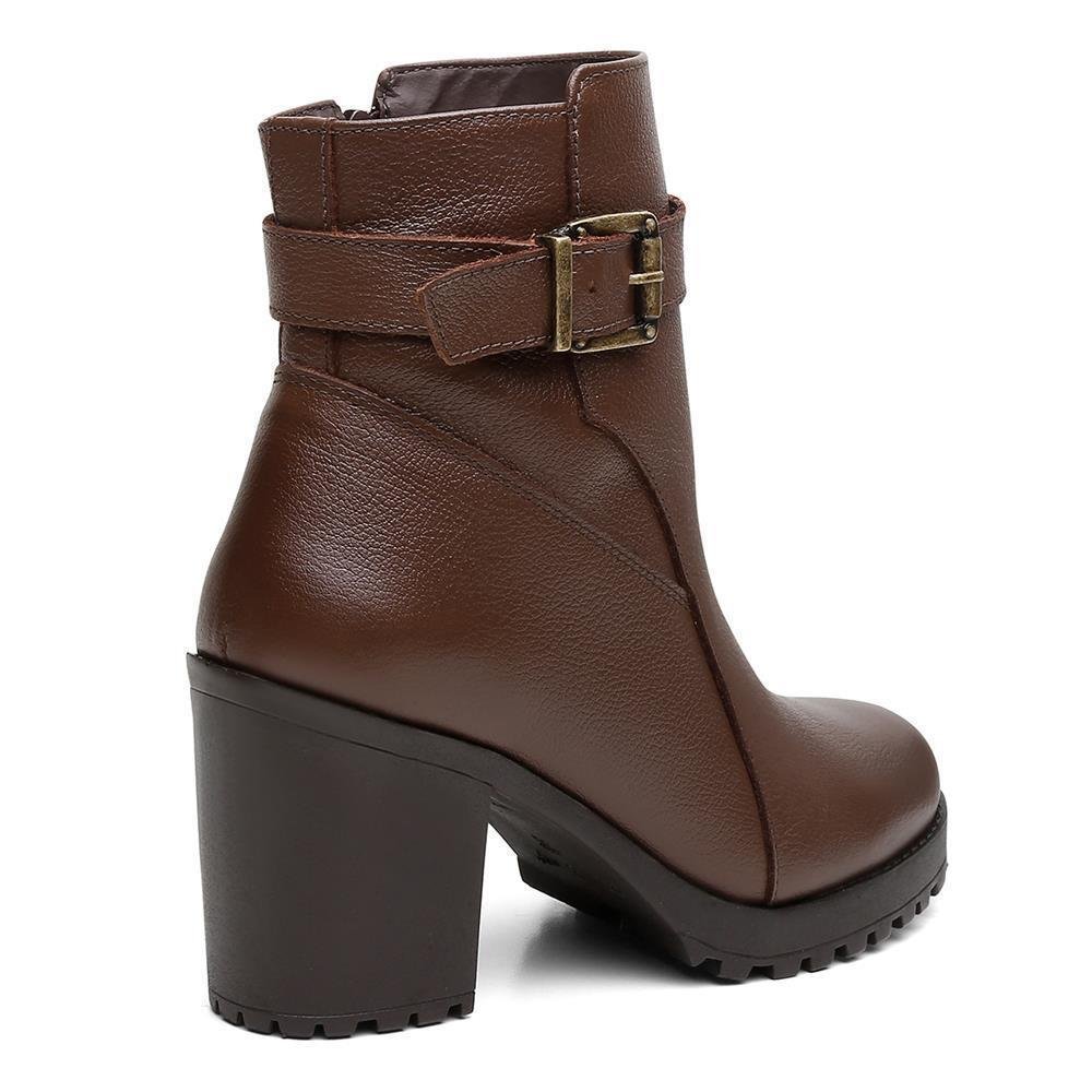 Bota Feminina Couro Casual Cano Médio Fivela Salto Tratorado Marrom 3