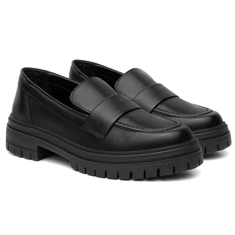 Mocassim Feminino Couro Calce Fácil Solado Tratorado Casual Preto 2