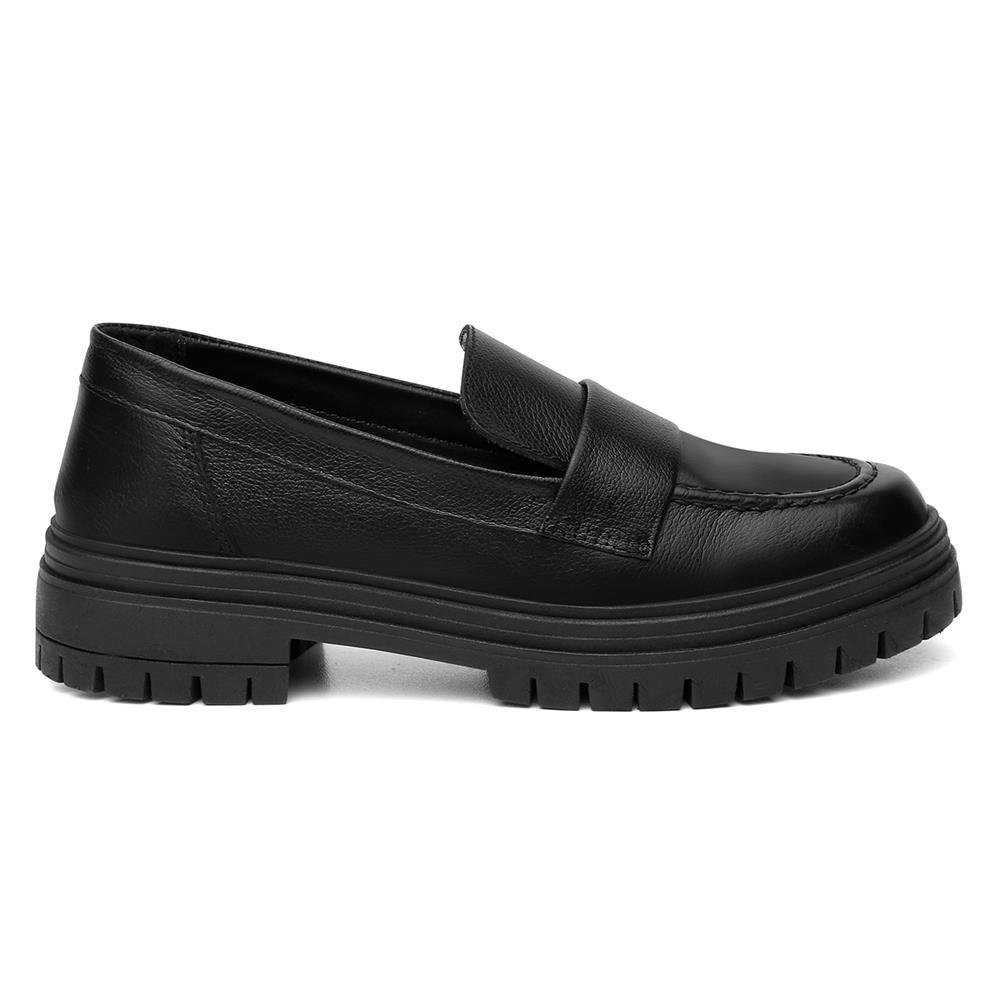 Mocassim Feminino Couro Calce Fácil Solado Tratorado Casual Preto 3