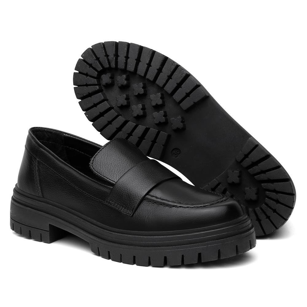 Mocassim Feminino Couro Calce Fácil Solado Tratorado Casual Preto 4