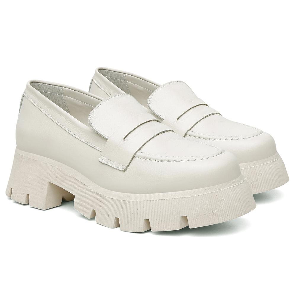 Mocassim Feminino Couro Solado Tratorado Calce Fácil Casual Branco 2