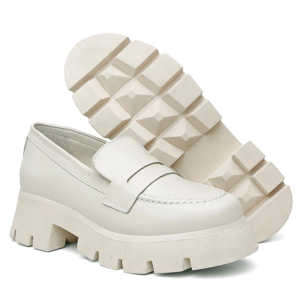Mocassim Feminino Couro Solado Tratorado Calce Fácil Casual Branco 4