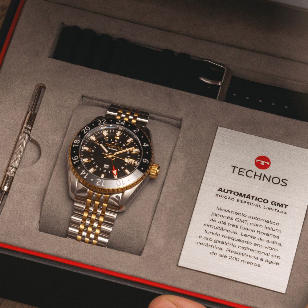 Relógio Technos Masculino Automatico GMT Bicolor - NH34AC/T1P Prata/Dourado 6