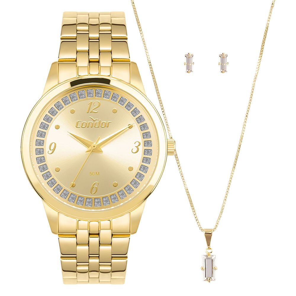 Kit Relógio Condor Feminino Brilho Dourado - CO2035NUD/K4X