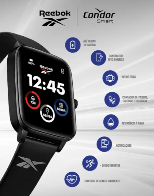 Relógio Smartwatch Reebok By Condor Azul - COSMARTRAD/8A Preto/Azul 9