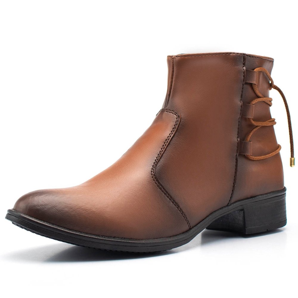 Bota Cano Curto Feminina Calce Fácil Zíper Lateral e Ajuste Moda Casual Básica Marrom 3