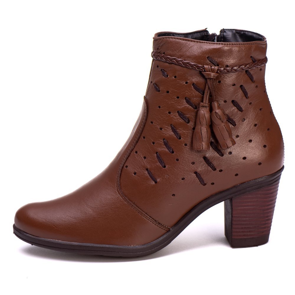 Bota Couro Feminino Cano Curto Zíper Moda Tira Trançada Moderna Costura Elegante Salto Grosso Marrom 5