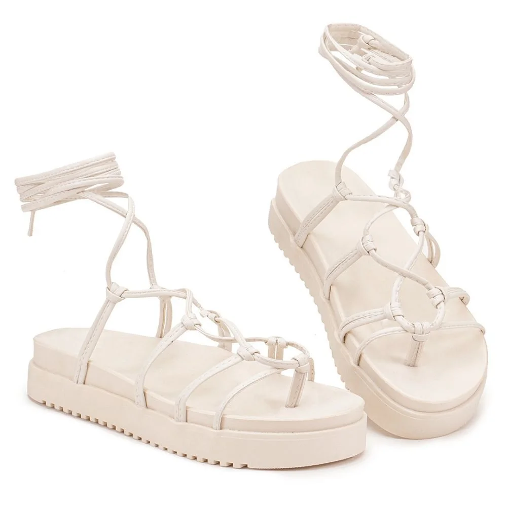 Sandalia Feminina Gladiadora de Amarrar na Perna Papete Aranha GuGi Moda Fashion Verao 904-GG Bege 2