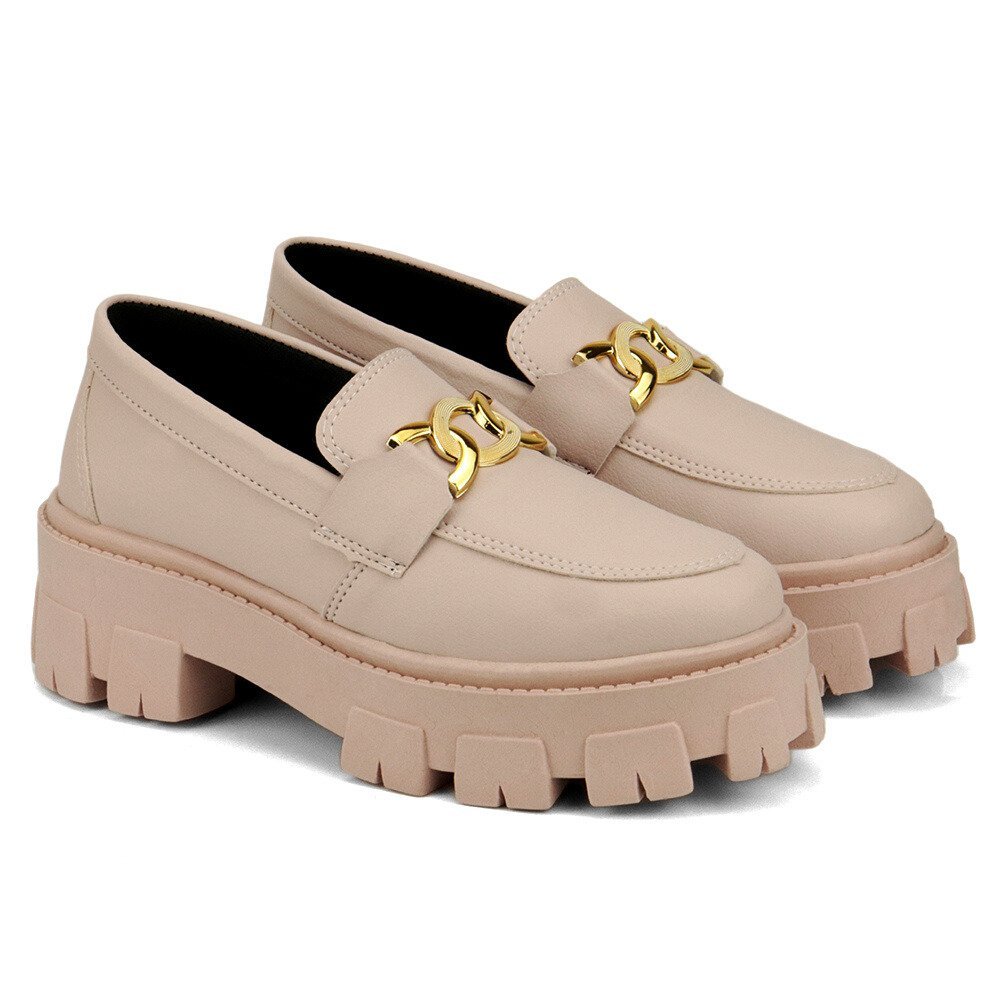 Mocassim Blogueira Feminino Tratorado Com Solado Alto Leve Sapato Plataforma Com Metal Dourado GuGi 403-GG Rosa 2
