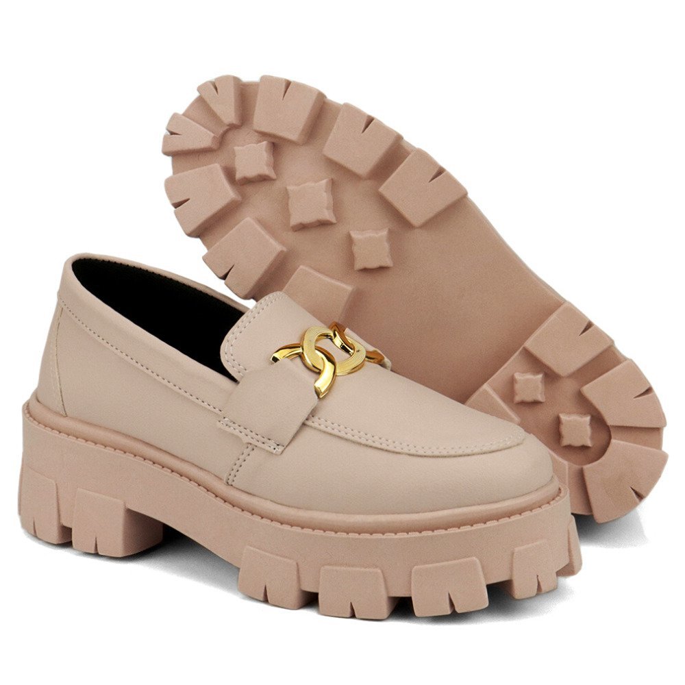 Mocassim Blogueira Feminino Tratorado Com Solado Alto Leve Sapato Plataforma Com Metal Dourado GuGi 403-GG Rosa 4