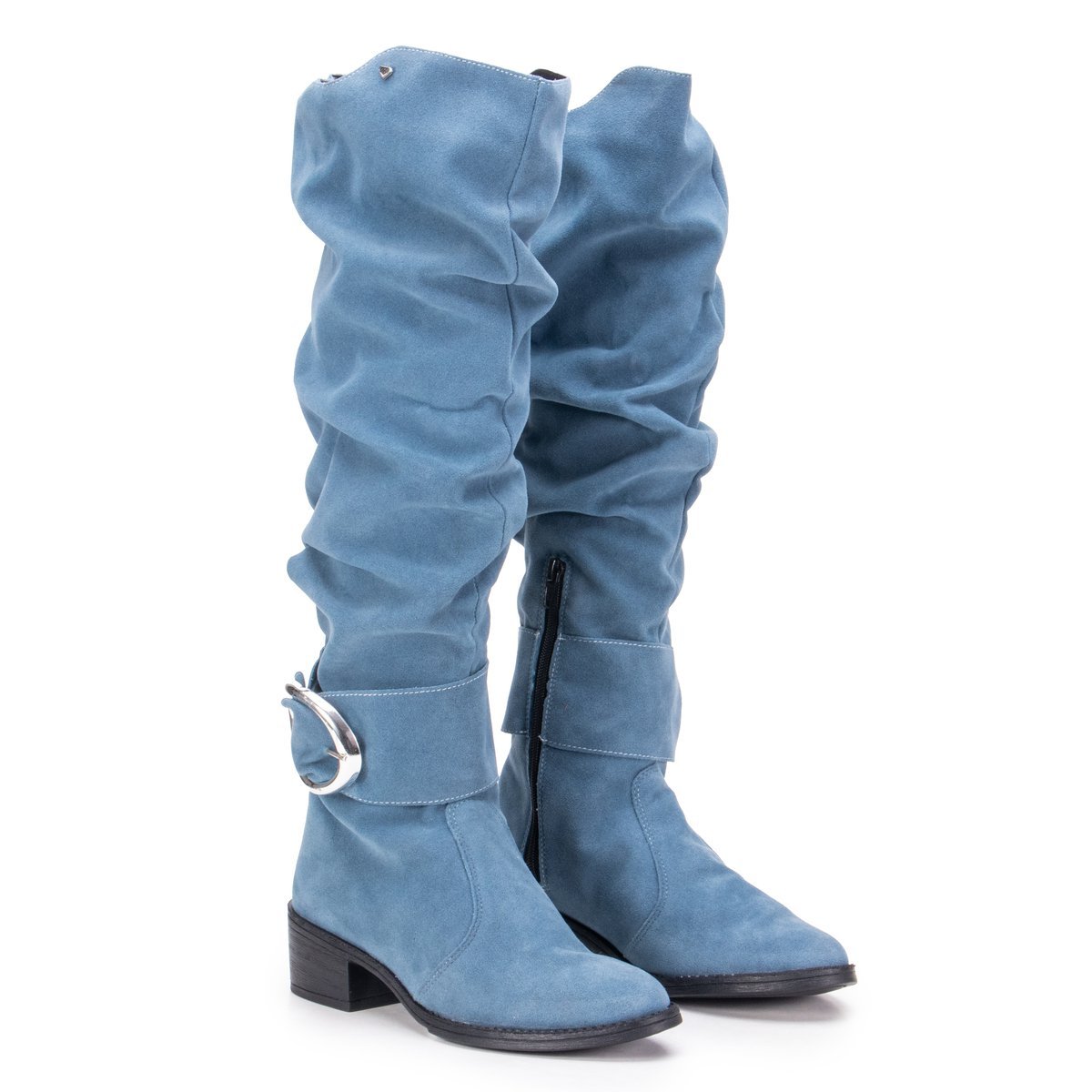 Bota Montaria Feminina GuGi Em Camurca Enrugada Cano Alto Com Ziper E Fivela 220-GG Azul 2