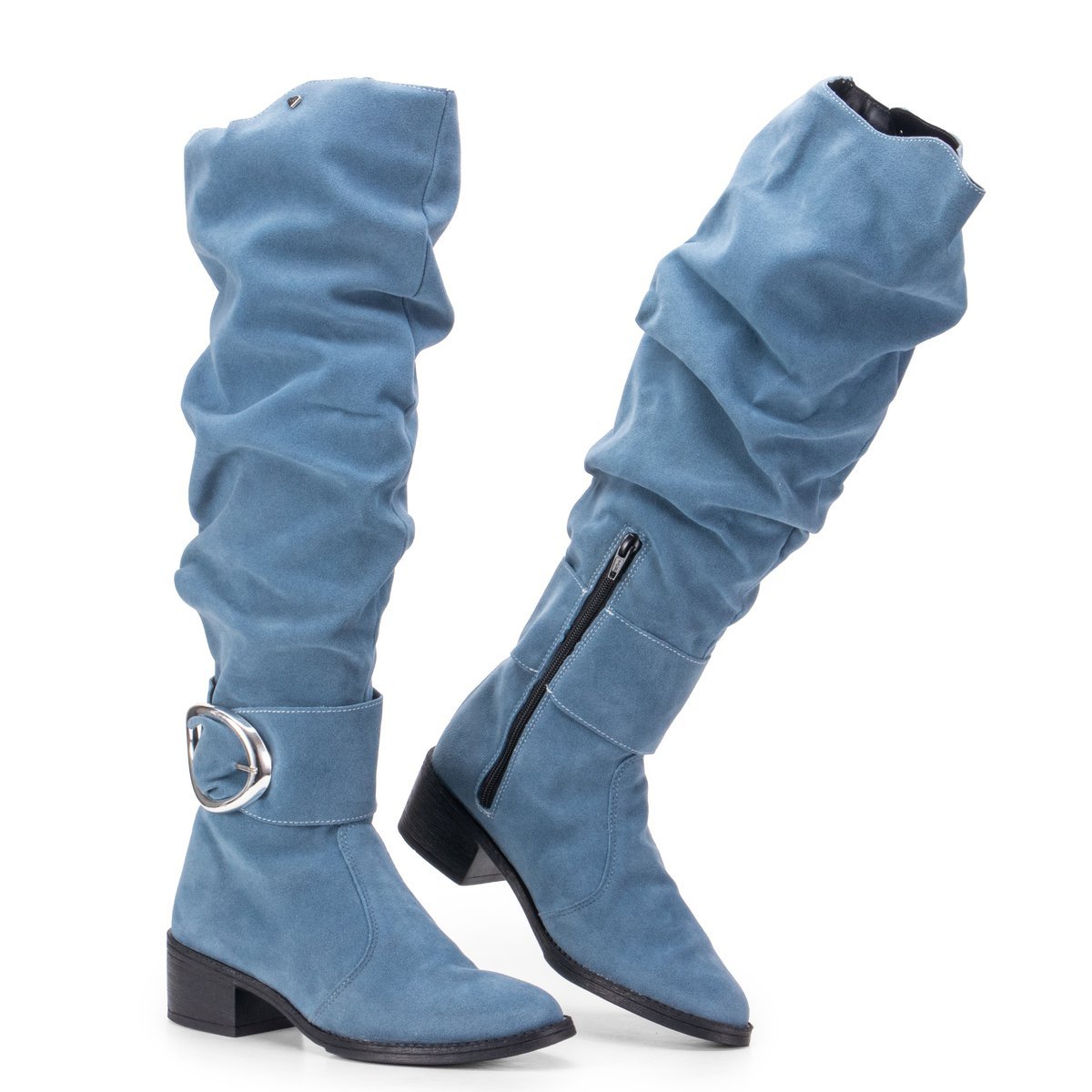 Bota Montaria Feminina GuGi Em Camurca Enrugada Cano Alto Com Ziper E Fivela 220-GG Azul 3