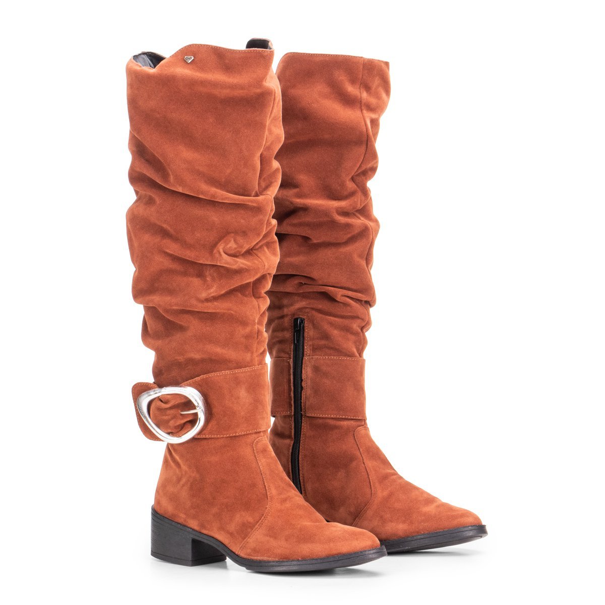 Bota Montaria Feminina GuGi Em Camurca Enrugada Cano Alto Com Ziper E Fivela 220-GG Caramelo 2