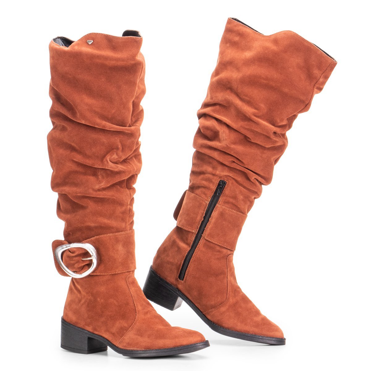 Bota Montaria Feminina GuGi Em Camurca Enrugada Cano Alto Com Ziper E Fivela 220-GG Caramelo 3