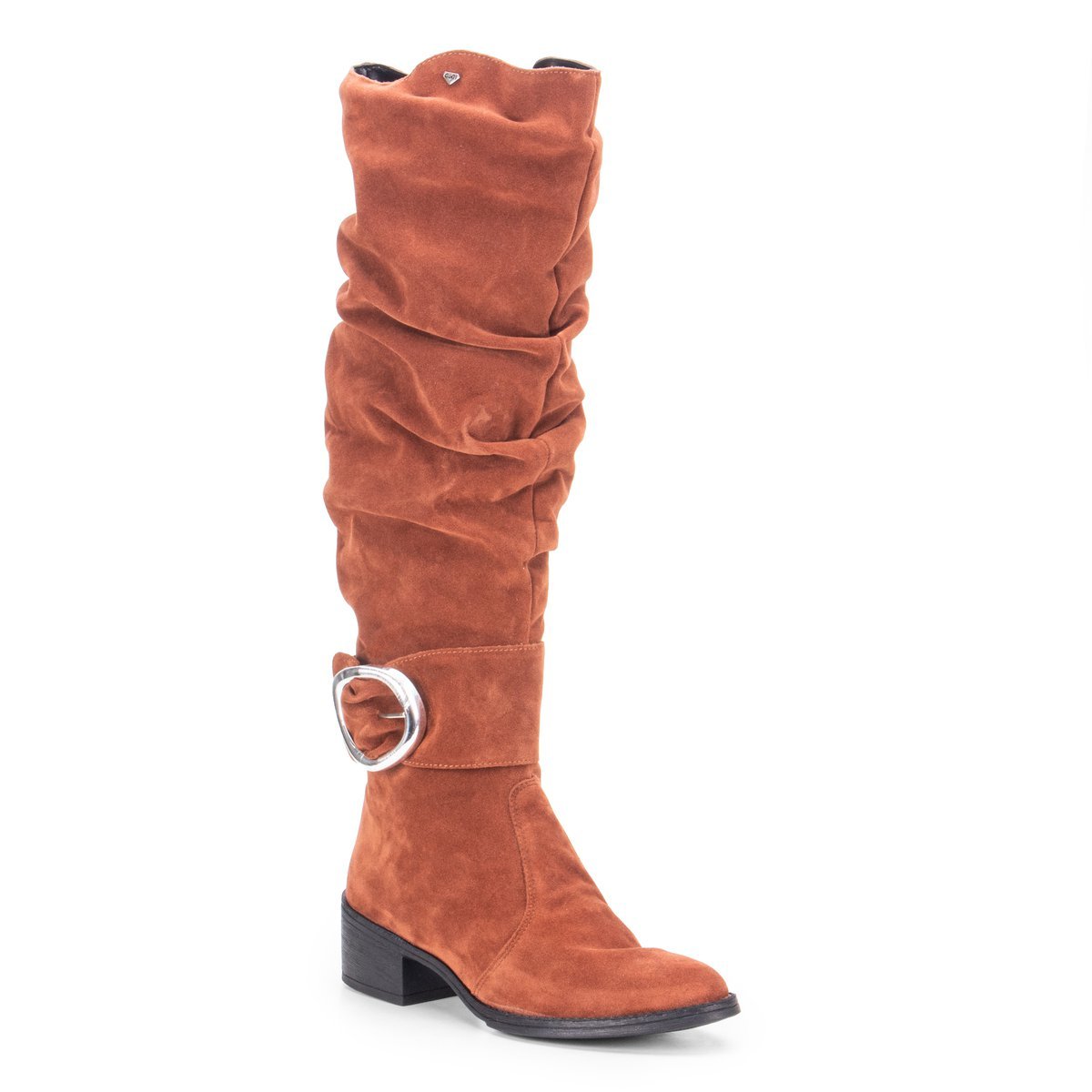 Bota Montaria Feminina GuGi Em Camurca Enrugada Cano Alto Com Ziper E Fivela 220-GG Caramelo 4