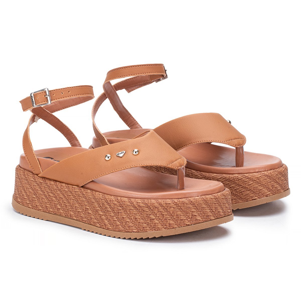 Sandalia Feminina Plataforma Anatomica Gugi Papete Asa Delta 909-GG de Amarracao Caramelo 2