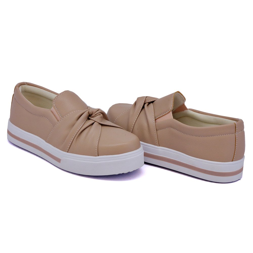 Tênis Slip On Feminino Moda Casual Calce Fácil Linha Conforto Moderno Tendência Escola Trabalho Bege 2