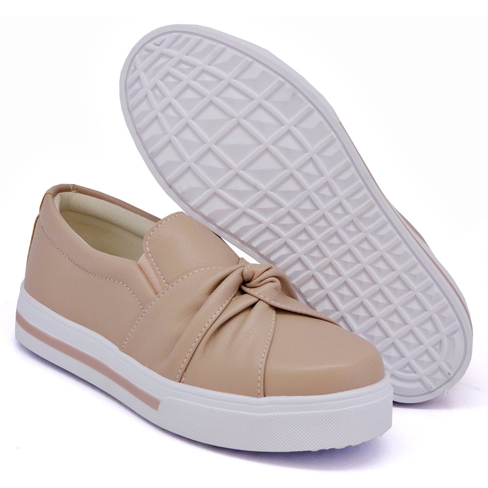 Tênis Slip On Feminino Moda Casual Calce Fácil Linha Conforto Moderno Tendência Escola Trabalho Bege 3