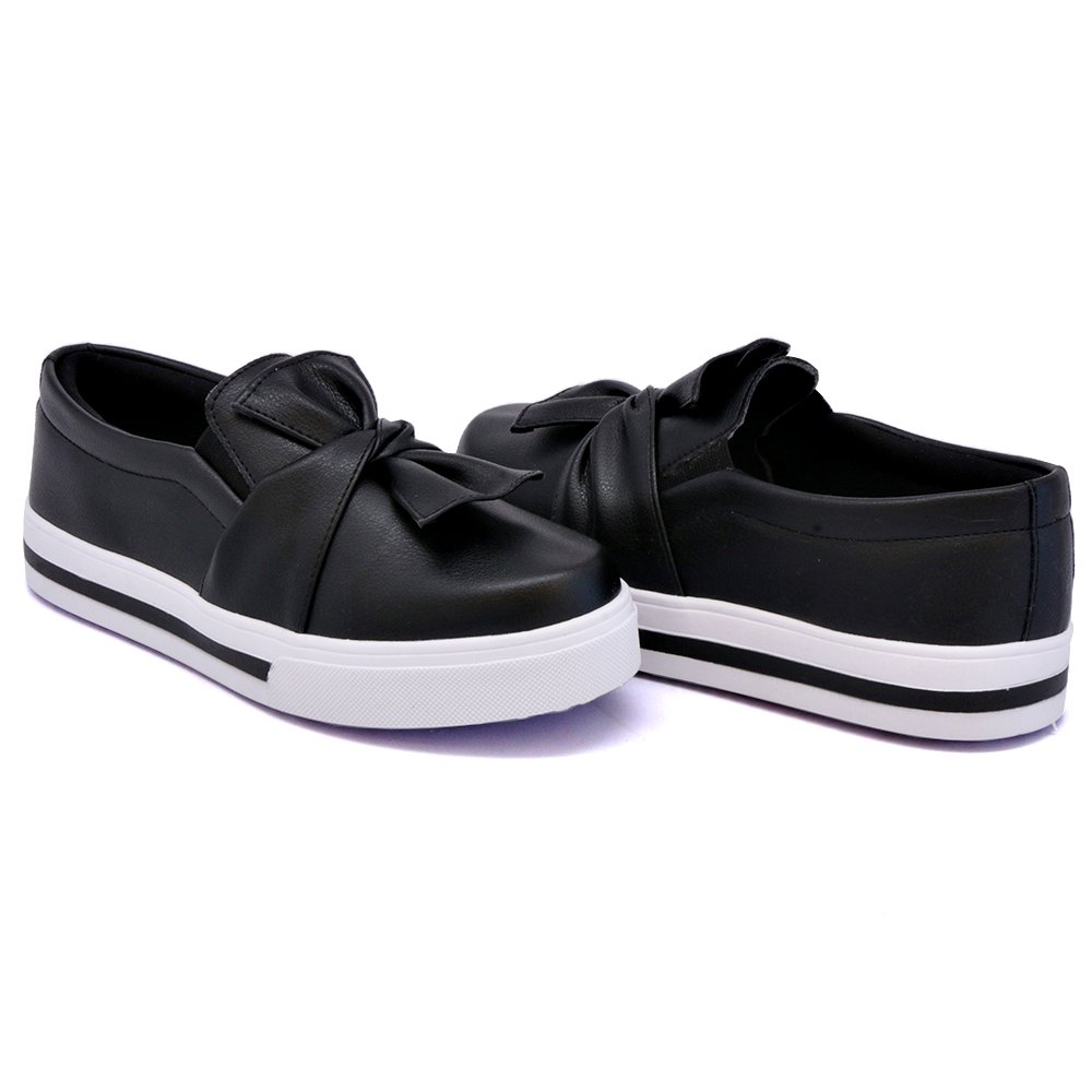 Tenis Slip On Moda Casual Feminino com Laço Tecido Sola Borracha Leve Dia a Dia Preto 2