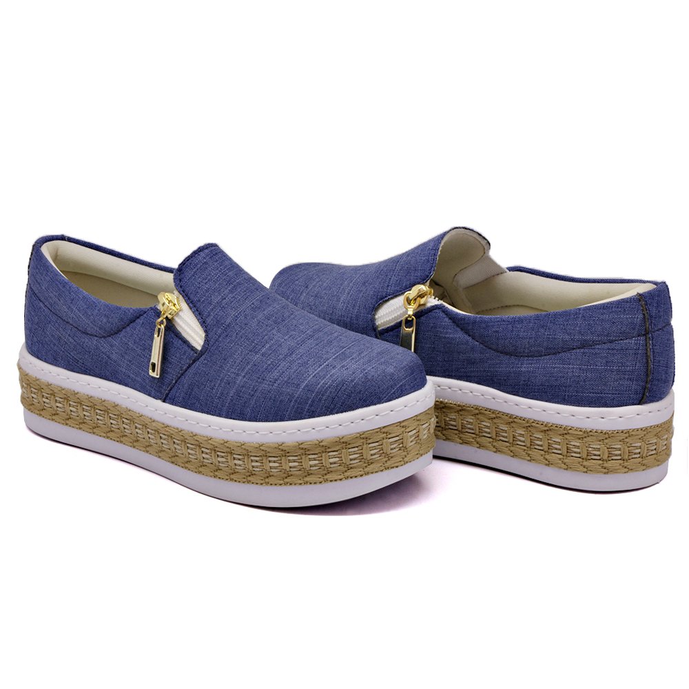 Tenis Slip On Feminino Moda Casual Ziper Calce Facil e Sola Borracha Robusta Conforto Azul 2