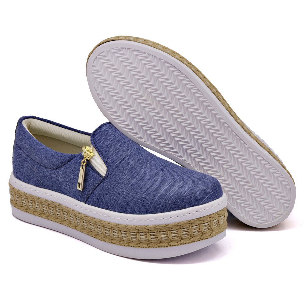 Tenis Slip On Feminino Moda Casual Ziper Calce Facil e Sola Borracha Robusta Conforto Azul 3
