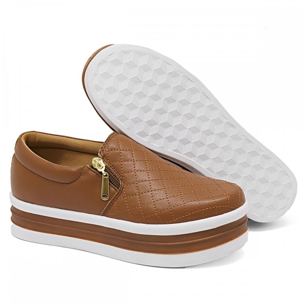 Tênis Feminino Slip On Sola Alta Calce Fácil Zíper Lateral Marrom 2