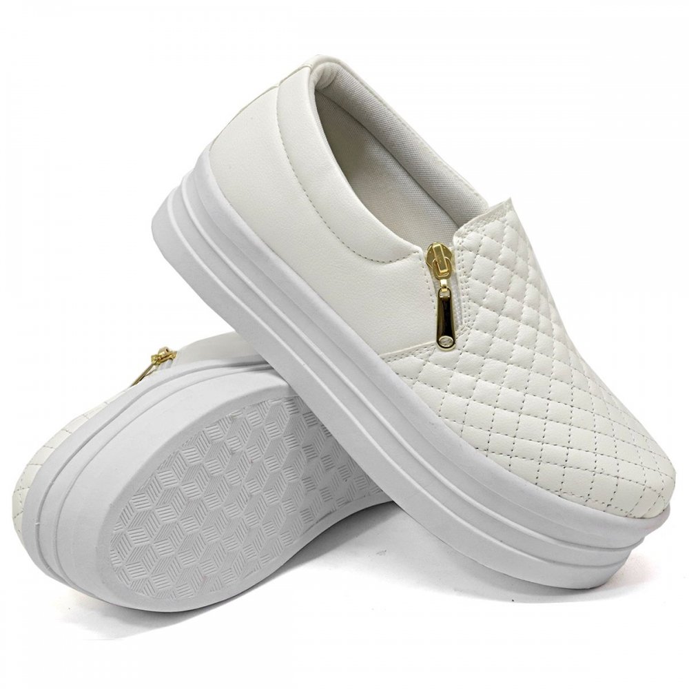 Tênis Feminino Slip On Sola Alta Calce Fácil Zíper Lateral Branco 1