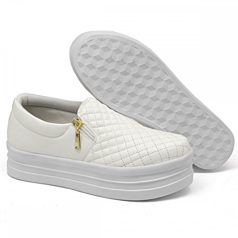 Tênis Feminino Slip On Sola Alta Calce Fácil Zíper Lateral Branco 2