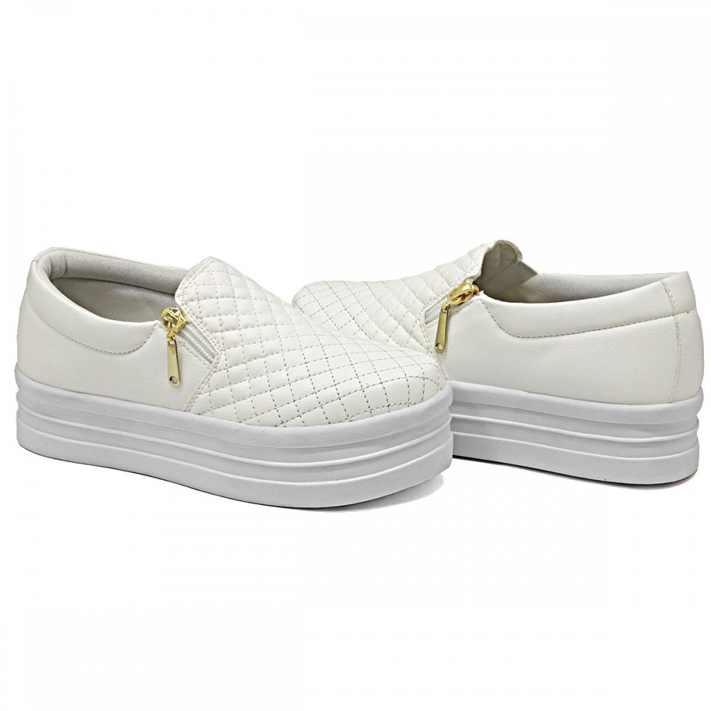Tênis Feminino Slip On Sola Alta Calce Fácil Zíper Lateral Branco 3