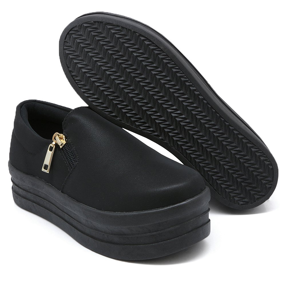 Tenis Slip On Liso Feminino com Ziper Lateral Sola Borracha Alta Flat Dia a Dia Mulher Casual Preto 1