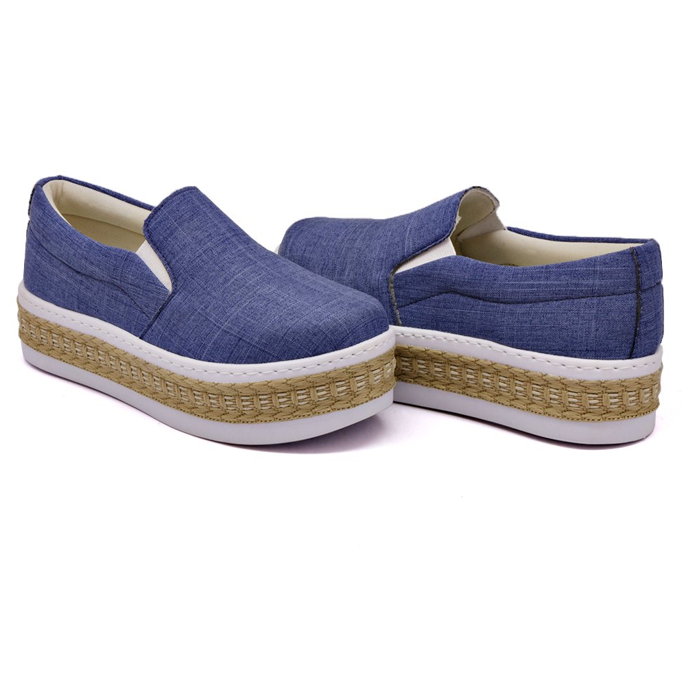 Tenis Moda Casual Slip On Feminino Elástico Sola Alta Liso Flat Conforto Dia a Dia Azul 2