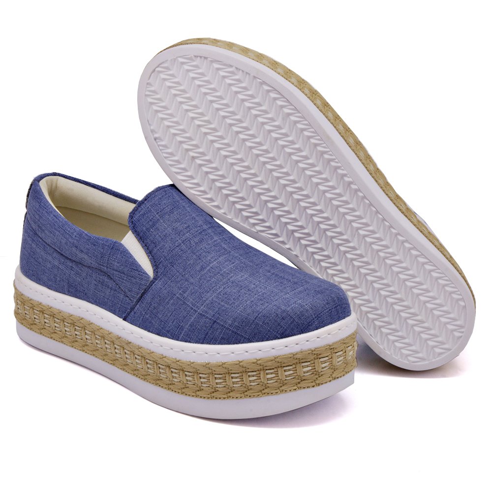 Tenis Moda Casual Slip On Feminino Elástico Sola Alta Liso Flat Conforto Dia a Dia Azul 3