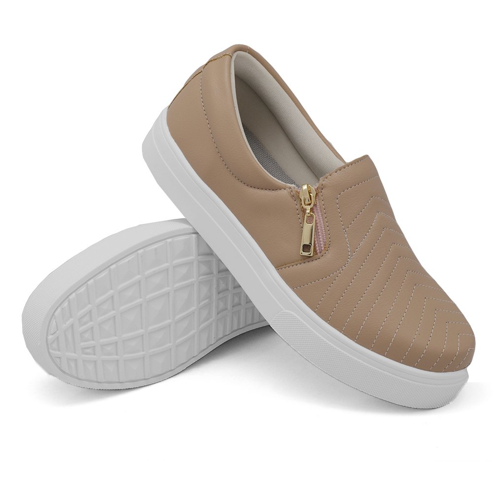 Tenis Slip On Sola Baixa CalceFácil Feminino Com Zíper Lateral