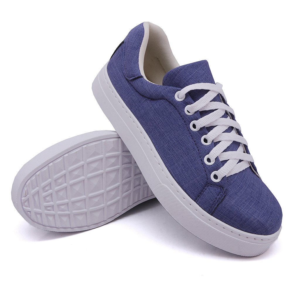 Tênis Moda Casual Feminino com Cadarço Listra Lateral Sola Borracha Leve Confortável Dia a Dia Azul 1