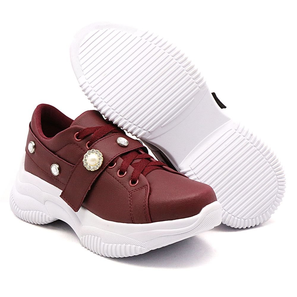 Tênis Moda Casual Sneaker Chunky Feminino Tiras Com Pedrarias Cadarço Sola Leve Confortavel Vermelho 3