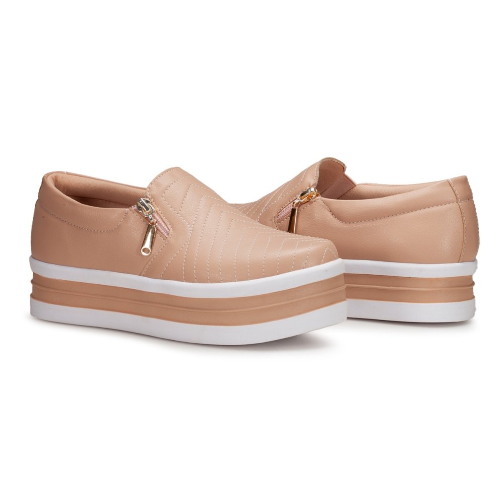 Tênis Slip On Sapatenis Feminino Zìper Sola Plataforma Flat Leve Moda Casual Mulher Fashion Dia Dia Rosa 3