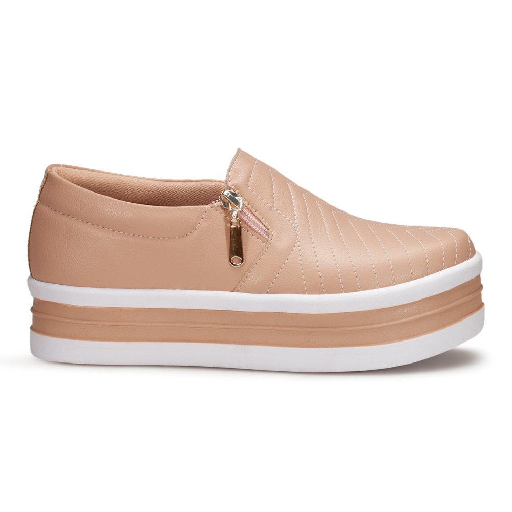 Tênis Slip On Sapatenis Feminino Zìper Sola Plataforma Flat Leve Moda Casual Mulher Fashion Dia Dia Rosa 4