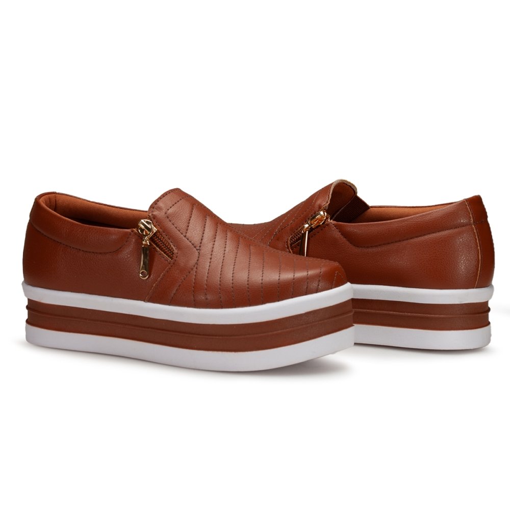 Tênis Slip On Sapatenis Feminino Zìper Sola Plataforma Flat Leve Moda Casual Mulher Fashion Dia Dia Bege 3