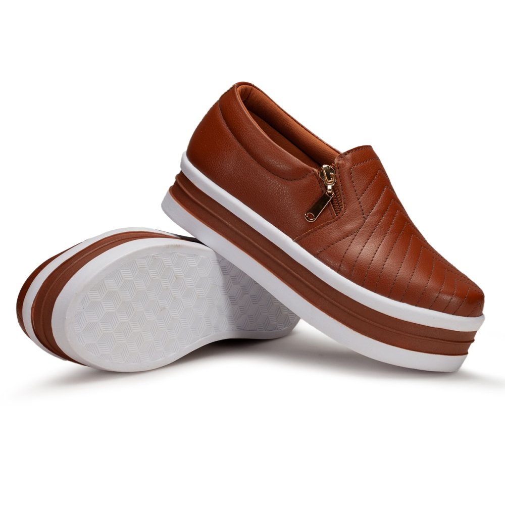 Tênis Slip On Sapatenis Feminino Zìper Sola Plataforma Flat Leve Moda Casual Mulher Fashion Dia Dia Bege 4